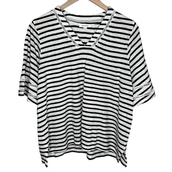 Chicos Womens Black White Striped Linen V-Neck Top Size 2 US L - Picture 1 of 7